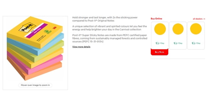 Image de la page de détails du produit Post-it® avec un exemple de où trouver des détaillants avec le produit en stock
