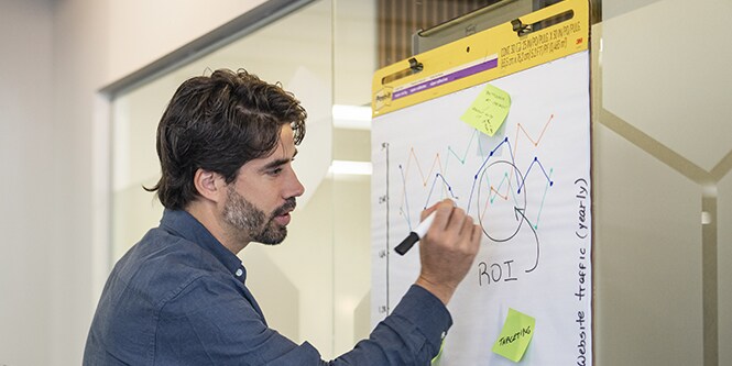 Homme devant un Meeting Chart Post-it® créant des graphiques visuels pour améliorer la présentation
